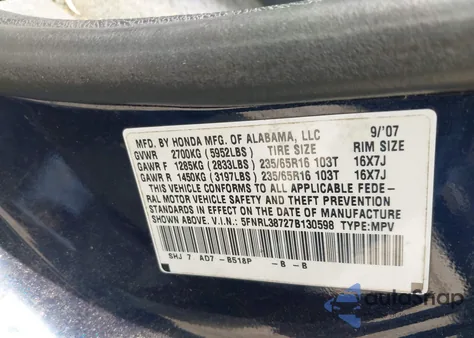 2007 Honda Odyssey Ex-L from USA, damaged, VIN 5FNRL38727B130598